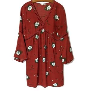 Entro Cutout Trim Dress Red Floral Boho Size S